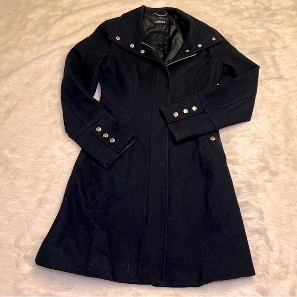 GUESS Black Wool Blend Silver Hardware Logo Printed Lining Jacket Womens sz XS - Picture 1 of 4